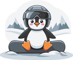 Cute Penguin Snowboarder with Helmet in Winter Mountain Landscape vector