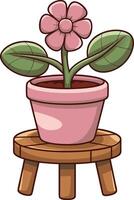 Cute Pink Flower in Pot on Wooden Stool Illustration for Home Decor and Design vector