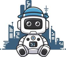 Cute Robot Illustration Cartoon Character with Futuristic City Background vector