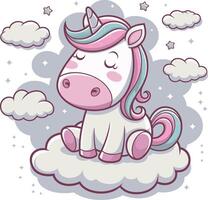 Cute Sleeping Unicorn Sitting on Cloud Surrounded by Stars and Clouds Fantasy Illustration vector