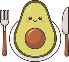 Cute Smiling Avocado on Plate with Fork and Knife for Food Illustration vector