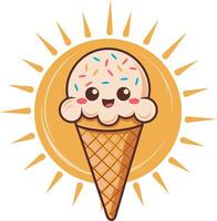 Cute Smiling Ice Cream Cone with Sprinkles and Sunburst for Summer Themes vector