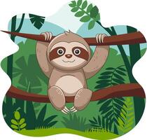 Cute Smiling Sloth Hanging on Branch in Jungle Illustration for Kids vector