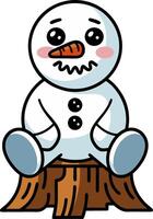 Cute Snowman Sitting on Tree Stump Playful Winter Illustration vector
