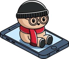 Cute Winter Cartoon Sitting on Smartphone Illustrative Design vector