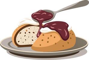 Delicious Dumplings with Cream and Berry Sauce on Plate Illustration vector
