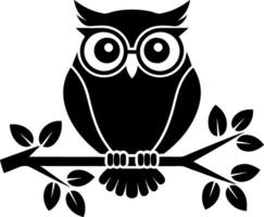 Elegant Owl Silhouette with Glasses Sitting on Branch Design vector