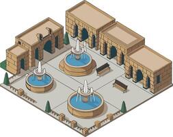 Elegant Urban Courtyard with Fountains and Benches Isometric Illustration vector