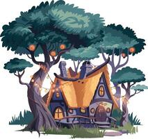 Enchanted Forest Cottage with String Lights and Treetop Canopy Art vector