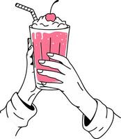 Hands Holding Cherry Topped Milkshake with Striped Straw Illustration vector