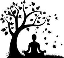 Meditation Silhouette Under Tree with Falling Leaves for Relaxation and Mindfulness Art vector