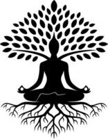 Meditation Tree Silhouette with Roots Symbolizing Growth and Inner Peace vector