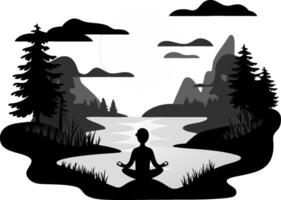 Meditation Silhouette with Full Moon in Tranquil Forest Art vector