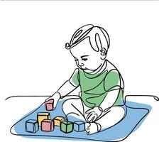 Minimalist Line Art Baby Playing with Colorful Blocks Illustration vector