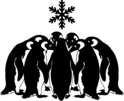 Penguin Huddle with Snowflake Symbolizing Winter Bonding and Community vector