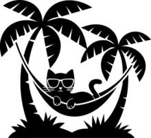 Relaxing Cat in Sunglasses on Hammock Between Palm Trees Tropical Art vector