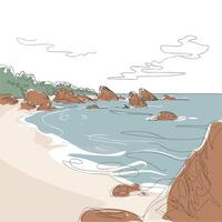 Serene Coastal Beach Line Art with Rocky Shore and Ocean Waves vector