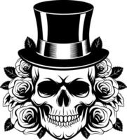 Skull with Top Hat and Roses Art for Tattoo and Design vector