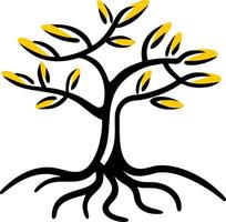 Art Yellow Leaf Tree with Roots Minimalist Design for Tattoos and Coloring Books vector