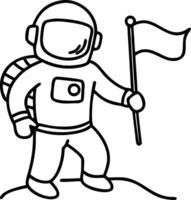 Illustration of Astronaut Holding Flag on Moon Surface for Coloring Book vector