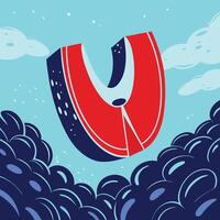 Abstract Red and Blue Form Floating Above Dark Blue Waves vector