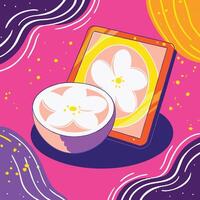 Abstract Floral Design with Tablet Vibrant Colors and Bold Shapes vector