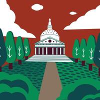 Classical Building, Park Path, Trees, Dome, Columns, Landscape, Architecture, Green, Nature, Scenic vector