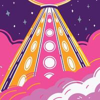Retro Futuristic Spaceship Descending Through Clouds vector