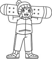 Snowboarding Girl with Snowboard Isolated Coloring vector