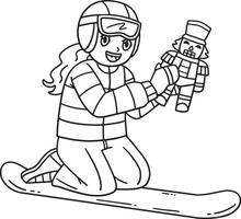 Snowboarding Girl with Toy Isolated Coloring Page vector