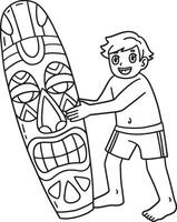 Surfing Boy with Tiki Surfboard Isolated Coloring vector