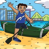 Rowing Oarsman Going in the Boat Colored Cartoon vector