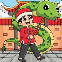 Year of the Snake Chinese Boy with Float Colored vector