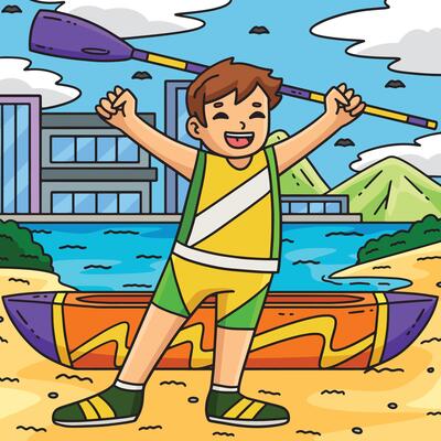 Rowing Oarsman Raising Oar in Victory Colored