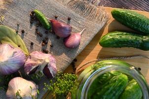 a set of ingredients for pickling cucumbers, pickled cucumbers, brine. photo