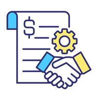 Manufacturing agreement RGB color icon. Handshake and contract with dollar sign. Trust and collaboration concept. Isolated illustration. Simple filled line drawing. Editable stroke vector