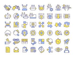 Robotic process automation RGB color icons set. Technology of workflow optimization. RPA development. Isolated illustrations. Simple filled line drawings collection. Editable stroke vector