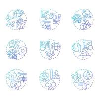 Atmospheric sciences blue gradient concept icons. Studying patterns of weather phenomena. Meteorology forecasting. Icon pack. Round shape illustrations for article. Abstract idea vector