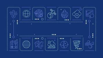 Meteorology dark blue word concept. Scientific research of weather and climate phenomena. Horizontal image. Headline text surrounded by editable outline icons vector