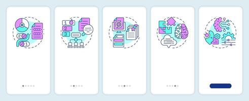 Levels of chunking strategies in RAG onboarding mobile app screen. Walkthrough 5 steps editable graphic instructions with linear concepts. UI, UX, GUI template vector