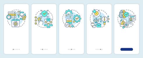 Benefits of RAG onboarding mobile app screen. AI semantic walkthrough 5 steps editable graphic instructions with linear concepts. UI, UX, GUI template vector