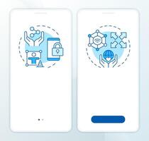Digital experiences blue onboarding mobile app screen. Auditory walkthrough 2 steps editable graphic instructions with linear concepts. UI, UX, GUI template vector
