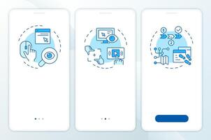 Website visitor tracking blue onboarding mobile app screen. Walkthrough 3 steps editable graphic instructions with linear concepts. UI, UX, GUI template vector