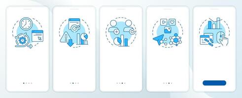 Audience engagement metrics blue onboarding mobile app screen. Walkthrough 5 steps editable graphic instructions with linear concepts. UI, UX, GUI template vector
