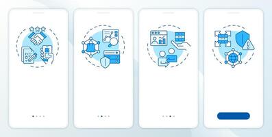 Audience data types blue onboarding mobile app screen. E business walkthrough 4 steps editable graphic instructions with linear concepts. UI, UX, GUI template vector