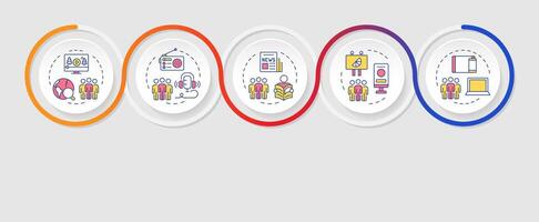 Audience measurement methods infographics circles sequence. Assessment of customers. Business. Visualization layout with 5 steps. Info chart loop process presentation vector
