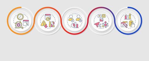 Audience engagement metrics infographics circles sequence. E commerce analytics. Business data. Visualization layout with 5 steps. Info chart loop process presentation vector