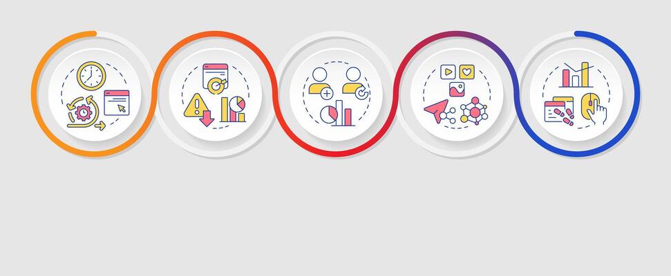 Audience engagement metrics infographics circles sequence. E commerce analytics. Business data. Visualization layout with 5 steps. Info chart loop process presentation