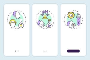 Water properties onboarding mobile app screen. Analysis walkthrough 3 steps editable graphic instructions with linear concepts. UI, UX, GUI template vector