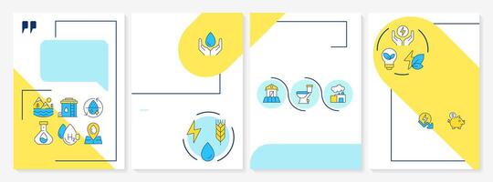Water reuse blue and yellow brochure template. Liquid sources management. Environment conservation. Leaflet design with linear icons. Editable 4 layouts vector